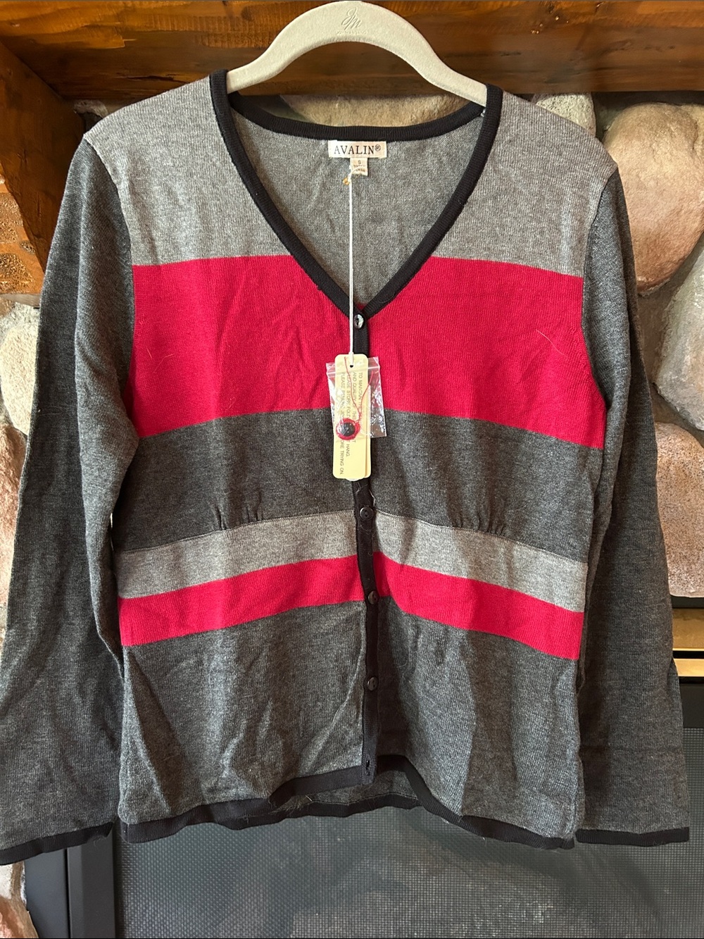 Avalin Women's Gray & Red Striped V-Neck Button Up Cardigan Sweater, Size S, NWT
